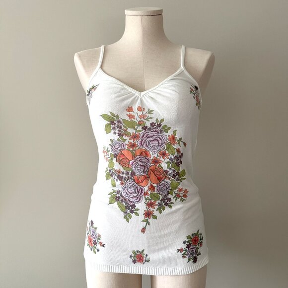 White Knit Camisole Tank Top Womens Size S Floral Pattern Y2K - Picture 1 of 6